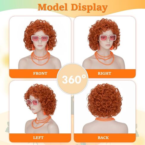 النساء القصيرة البرتقالية مجعد البارلي Cosplay Cosplay مع إكسسوارات برتقالية 7pcs مجموعة (نظارات ، وشاح ، قلادة طويلة ، سوار ، أقراط ، شعر) in Kuwait