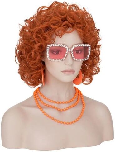 النساء القصيرة البرتقالية مجعد البارلي Cosplay Cosplay مع إكسسوارات برتقالية 7pcs مجموعة (نظارات ، وشاح ، قلادة طويلة ، سوار ، أقراط ، شعر) in Kuwait