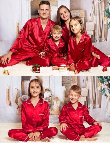 زر مطابقة عائلة SWOMOG أسفل بيجاماس PJS الحرير ساتان الأكمام الطويلة قميص طويل السراويل in Saudi Arabia