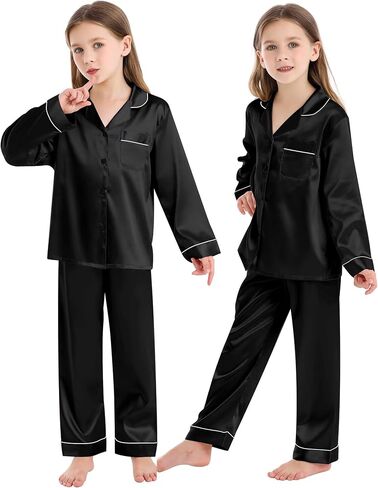زر مطابقة عائلة SWOMOG أسفل بيجاماس PJS الحرير ساتان الأكمام الطويلة قميص طويل السراويل in Saudi Arabia