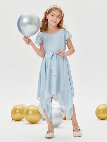 Galawaqe Kids Chiffon Cute A-Line Short Dress with Asymmetrical Layered Ruffled Bow Tie Teen Girl Bridesmaid Dress in Kuwait