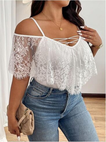 Soly Hux Women's Plus Size Lace Lace Deep V bodysitits unitard unitard tops in Saudi Arabia