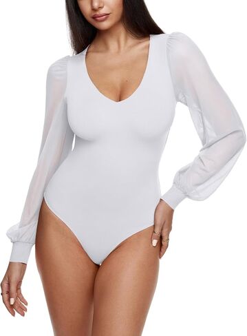 REORIA Womens Mesh Long Sleeve Bodysuit Double Lined V Neck Slimming Body Suits Sexy Cute Going Out Tops Shirts Fall Outfits in Saudi Arabia