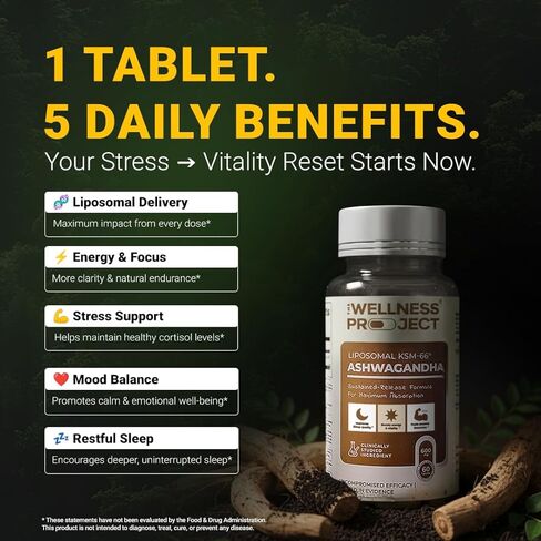 مشروع العافية (TWP Liposomal KSM-66® Ashwagandha 600mg (استخراج الجذر فقط)-إمدادات شهرين | يدعم الهدوء والطاقة والاسترخاء | يأتي مع شهادة التحليل | 60 قرصًا (حزمة 3) in Kuwait