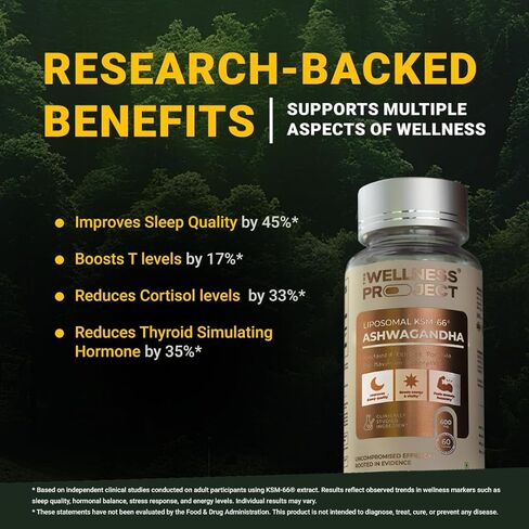 مشروع العافية (TWP Liposomal KSM-66® Ashwagandha 600mg (استخراج الجذر فقط)-إمدادات شهرين | يدعم الهدوء والطاقة والاسترخاء | يأتي مع شهادة التحليل | 60 قرصًا (حزمة 3) in Kuwait