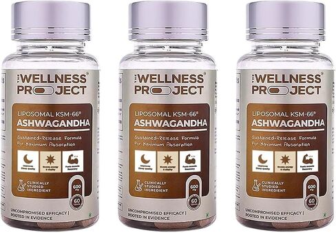 مشروع العافية (TWP Liposomal KSM-66® Ashwagandha 600mg (استخراج الجذر فقط)-إمدادات شهرين | يدعم الهدوء والطاقة والاسترخاء | يأتي مع شهادة التحليل | 60 قرصًا (حزمة 3) in Kuwait