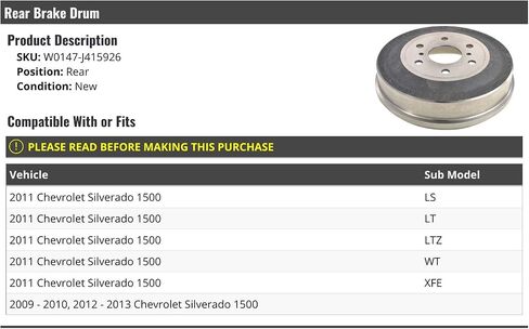 Rear Brake Drum - Compatible with 2009-2013 Chevy Silverado 1500 in Saudi Arabia