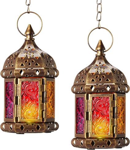 Retisee 2 Pcs 7 Inch Moroccan Lantern Decorative Diwali Indoor & Outdoor, Vintage Halloween Mini Candle Holder, Metal Candle Holder, for Table, Patio, Porch, Shelf, Christmas Home Halloween Decor in Saudi Arabia