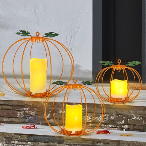 Halloween Metal Pumpkin Candle Holder, 3 Pcs Light up Black Pumpkin Lantern with LED Flickering Yellow Candle Lights Build in Timer for Thanksgiving Halloween Harvest Fall Home Decor in Saudi Arabia