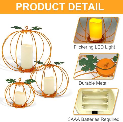 Halloween Metal Pumpkin Candle Holder, 3 Pcs Light up Black Pumpkin Lantern with LED Flickering Yellow Candle Lights Build in Timer for Thanksgiving Halloween Harvest Fall Home Decor in Saudi Arabia