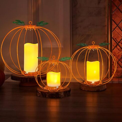 Halloween Metal Pumpkin Candle Holder, 3 Pcs Light up Black Pumpkin Lantern with LED Flickering Yellow Candle Lights Build in Timer for Thanksgiving Halloween Harvest Fall Home Decor in Saudi Arabia