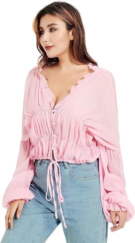 بلوزات نسائية مثيرة بياقة على شكل V وأكمام طويلة منتفخة وأزرار سفلية لقميص الشاطئ الصيفي in Kuwait