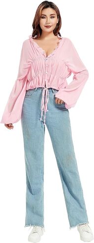 بلوزات نسائية مثيرة بياقة على شكل V وأكمام طويلة منتفخة وأزرار سفلية لقميص الشاطئ الصيفي in Kuwait