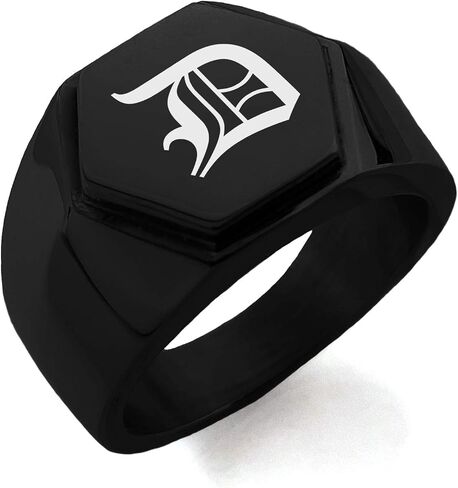 Stainless Steel Letter D Alphabet Initial Old English Monogram Hexagon Crest Flat Top Biker Style Polished Ring in Kuwait