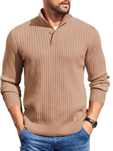 COOFANDY Mens Quarter Button Sweater Long Sleeve Stand Collar Sweaters Casual Knitted Ribbed Dress Pullover in Saudi Arabia