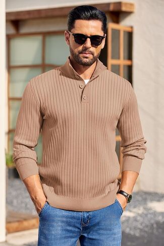 COOFANDY Mens Quarter Button Sweater Long Sleeve Stand Collar Sweaters Casual Knitted Ribbed Dress Pullover in Saudi Arabia