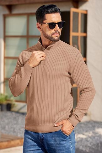 COOFANDY Mens Quarter Button Sweater Long Sleeve Stand Collar Sweaters Casual Knitted Ribbed Dress Pullover in Saudi Arabia