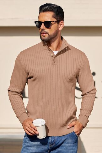 COOFANDY Mens Quarter Button Sweater Long Sleeve Stand Collar Sweaters Casual Knitted Ribbed Dress Pullover in Saudi Arabia