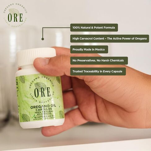 Ore Oregano Oil Softgels 80 ٪ Carvacrol | البرية المكسيكية oregano | المناعة العشبية والدعم التنفسي | ملحق طبيعي | غير المعدلة وراثيا ، خالية من الغلوتين | 65 كبسولات سهلة التبادل in Saudi Arabia