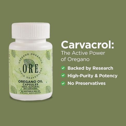 Ore Oregano Oil Softgels 80 ٪ Carvacrol | البرية المكسيكية oregano | المناعة العشبية والدعم التنفسي | ملحق طبيعي | غير المعدلة وراثيا ، خالية من الغلوتين | 65 كبسولات سهلة التبادل in Saudi Arabia
