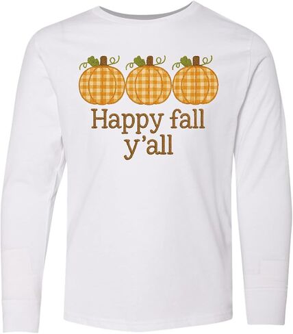 inktastic Happy Fall Y'all Plaid Pumpkins Autumn Youth Long Sleeve T-Shirt in Saudi Arabia