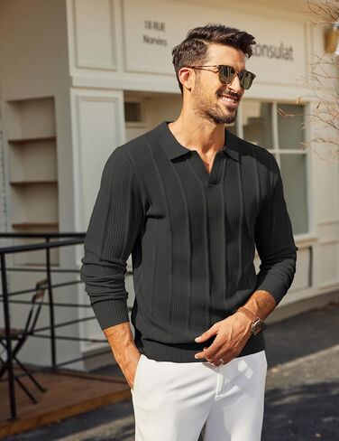 Coofandy Mens متماسكة الأكمام طويلة الأكمام سوائل البولو السترة السترة السترة ذات العنق الخامس in Saudi Arabia