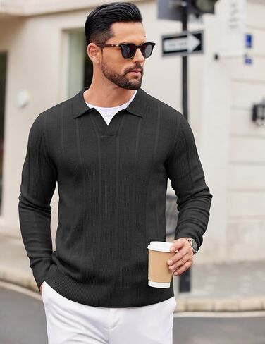 Coofandy Mens متماسكة الأكمام طويلة الأكمام سوائل البولو السترة السترة السترة ذات العنق الخامس in Saudi Arabia