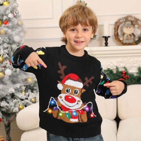 Ugly Christmas Sweater Kids,Light Up Funny Christmas Sweater Boys Girls 4-12T,Toddler Cute Red Reindeer Xmas Ugly Sweaters in Saudi Arabia