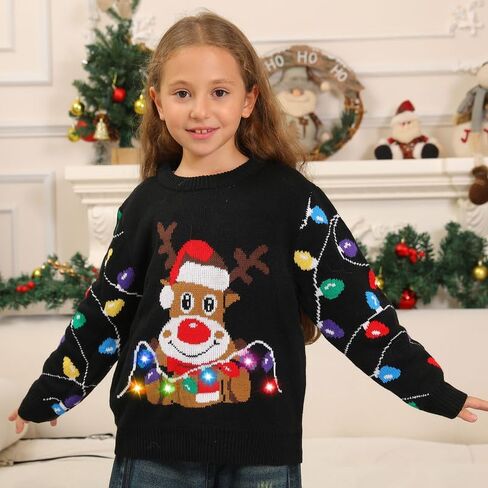 Ugly Christmas Sweater Kids,Light Up Funny Christmas Sweater Boys Girls 4-12T,Toddler Cute Red Reindeer Xmas Ugly Sweaters in Saudi Arabia