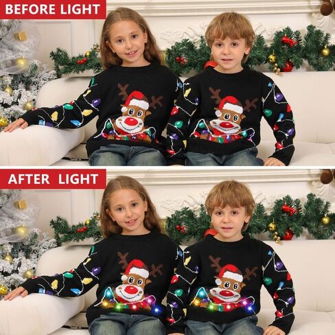 Ugly Christmas Sweater Kids,Light Up Funny Christmas Sweater Boys Girls 4-12T,Toddler Cute Red Reindeer Xmas Ugly Sweaters in Saudi Arabia