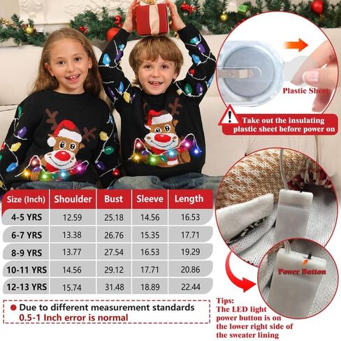 Ugly Christmas Sweater Kids,Light Up Funny Christmas Sweater Boys Girls 4-12T,Toddler Cute Red Reindeer Xmas Ugly Sweaters in Saudi Arabia