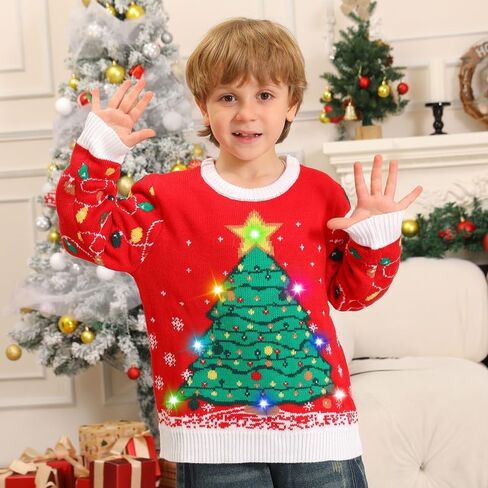 Ugly Christmas Sweater Kids,Light Up Funny Christmas Sweater Boys Girls 4-12T,Toddler Cute Red Reindeer Xmas Ugly Sweaters in Saudi Arabia