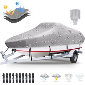 Boat Cover, 16'-18.5' Heavy Duty 1200D Polyester Canvas Trailerable Boat covers, UV Resistant Waterproof Bass Boat Covers with Motor Cover, Fits V-Hull Tri-Hull Boat, Runabout,Fish&Ski Boat