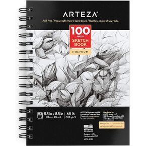 Arteza Small Sketch Book 5.5x8.5 Inches, Pack of 3 Sketch Pads, 100 Sheets Each, Spiral-Bound 68-lb Drawing Pad Paper, Art Supplies for Graphite and Colored Pencils, Charcoal, and Soft Pastels