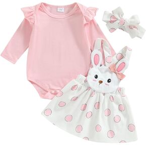 Murnouche Easter Baby Girl Outfit Ruffle Trim Romper Bunny Suspender Skirt Dress Set with Headband Summer Clothes
