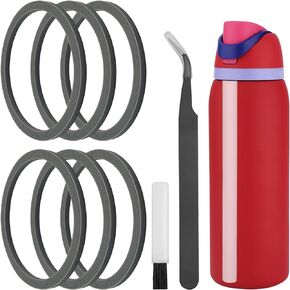 6 Pcs Replacement Silicone Water Bottle Seal Ring Compatible with Owala Water Bottle, with Cleaning Brush and Elbow Tweezers, Lid Gasket Replacement Water Bottle Accessories, Gray