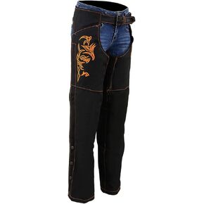 Milwaukee Leather SH1182 Women's Black with Orange Textile Motorcycle Riding Chaps with Tribal Embroidery - Medium