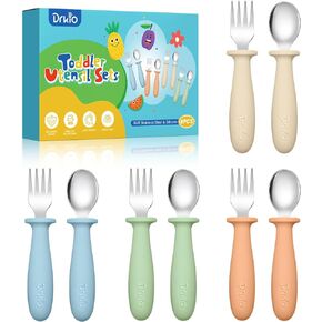 8 Pieces Toddler Utensils Set - Kids Silverware Set with Silicone Handle Children Safe 18/8 Stainless Steel Forks and Spoons Anti-Choke Design Food Grade Dishwasher Safe