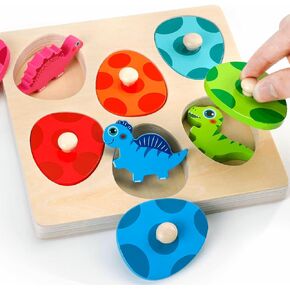 Wooden Puzzles for Toddlers 1-3, Montessori Toys for 1 2 Year Old Boy Girl Birthday Easter Gifts, Dinosaur Match Eggs Peg Puzzles, Preschool Learning Toys for Toddlers Age 1-2