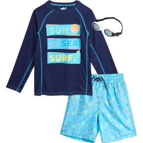 Boys' Rash Guard Set - 3 Piece UPF 50+ Rash Guard Swim Shirt, Bathing Suit, Goggles - Swimwear for Boys (5-14)