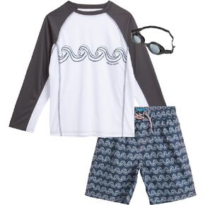 مجموعة Rash Guard للأولاد - 3 قطع قميص سباحة UPF 50+ Rash Guard، بدلة استحمام، نظارات - ملابس سباحة للأولاد (5-14) in Kuwait