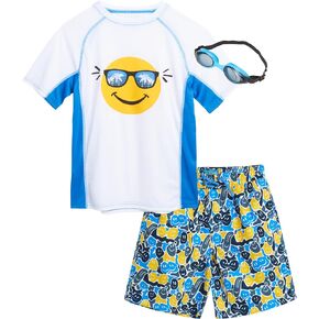 Boys' Rash Guard Set - 3 Piece UPF 50+ Rash Guard Swim Shirt, Bathing Suit, Goggles - Swimwear for Boys (5-14)