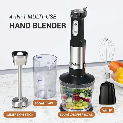 Immersion Stick Hand Blender - Variable Speeds & Turbo Function, 800W Powerful Motor, For Shakes & Smoothies, Baby Food & Soup, Whisk, 800ml Beaker, 500ml Chopper Bowl, For Home Use in Saudi Arabia