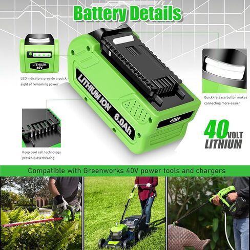 بطارية ليثيوم أيون 40 فولت 6.0 أمبير لاستبدال بطارية Greenworks 40 فولت 40 فولت G-MAX 29462 29252 20202 22262 25312 25322 20642 22272 27062 21242 بطارية أداة لاسلكية in Kuwait