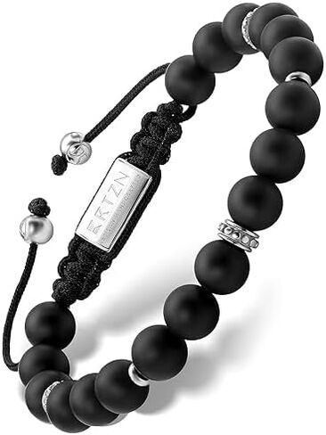 سوار RTZN® Black Onyx للرجال - سوار من الخرز الأسود غير اللامع مصنوع يدويًا بحرفي ممتاز للرجال - أساور مطرزة للرجال قابلة للتعديل مقاس 9 مم (هافانا) in Kuwait