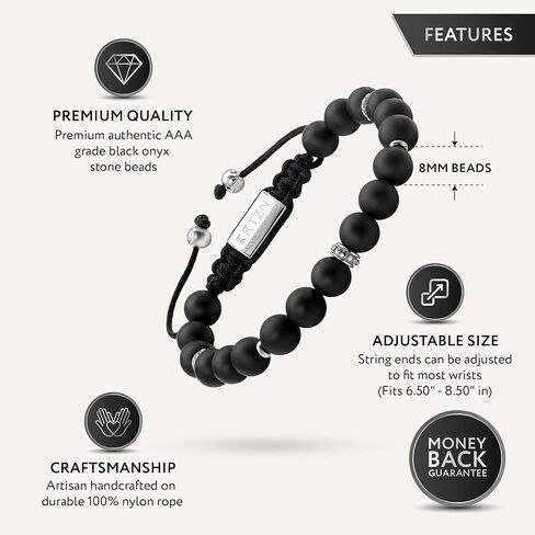 سوار RTZN® Black Onyx للرجال - سوار من الخرز الأسود غير اللامع مصنوع يدويًا بحرفي ممتاز للرجال - أساور مطرزة للرجال قابلة للتعديل مقاس 9 مم (هافانا) in Kuwait