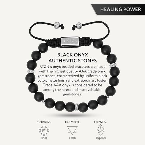 سوار RTZN® Black Onyx للرجال - سوار من الخرز الأسود غير اللامع مصنوع يدويًا بحرفي ممتاز للرجال - أساور مطرزة للرجال قابلة للتعديل مقاس 9 مم (هافانا) in Kuwait