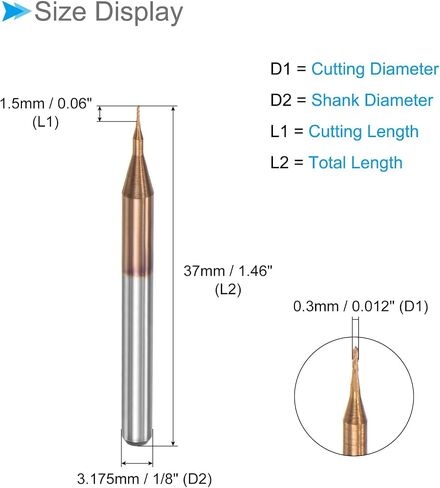 Corn End Mill, 0.3mm Cutting Diameter 3.175mm 1/8" Shank, Ti-Coated Solid Carbide CNC Router Bit Milling Tool - (Applications: for PCB Wood Plastic) in Saudi Arabia