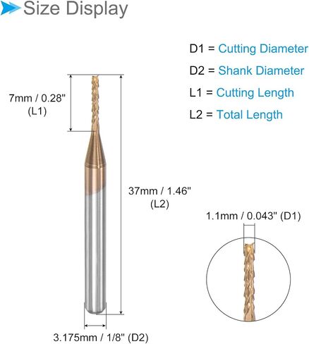 Corn End Mills, 1.1mm Cutting Diameter 3.175mm 1/8" Shank, Ti-Coated Solid Carbide CNC Router Bits Milling Tools - (Applications: for PCB Wood Plastic), 4-Pieces in Saudi Arabia