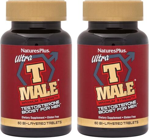 NaturesPlus Ultra T Male، إصدار ممتد - 60 قرصًا ثنائي الطبقات، عبوة من 2 - يدعم اكتساب العضلات - نباتي، خالي من الغلوتين - 60 وجبة إجمالية in Kuwait
